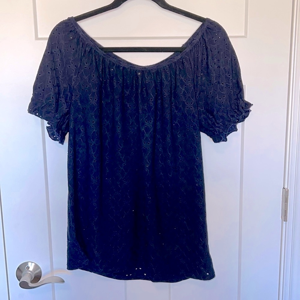 Navy Eyelet Puff Sleeve Blouse